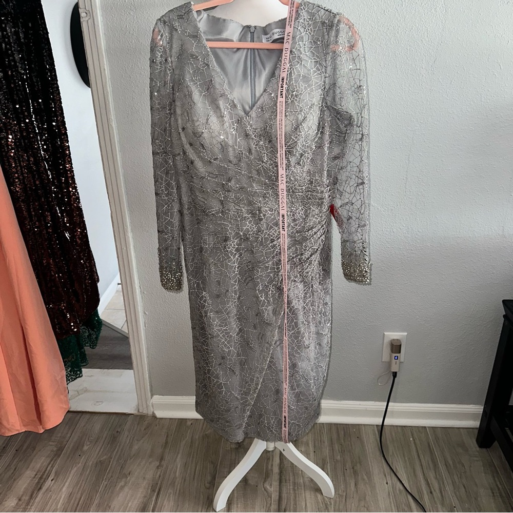 Mac Duggal Silver V-Neck Sheath Midi Dress
